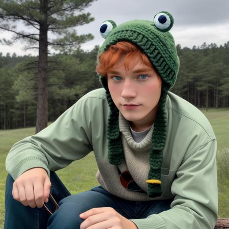 <lora:green_ois_hat:1.0>A mysterious Caucasian man with blue eyes and red hair in a green ois hat with a pair of frog eyes BREAK, stargazing in a quiet meadow, his cowboy boots propped up on a log, in a romantic starry night Van Gogh style.