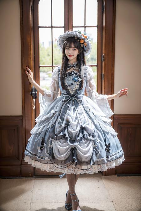 best quality, masterpiece, photorealistic, 1girl, solo, full body, standing, long black straight hair, blunt bangs, looking at viewer, smile, lo dress, layered dress, long dress, lace-trimmed dress, orange dress, frills, puffy sleeves, wide sleeves, bow, jewelry, long sleeves, hat, white thighhighs, high heels, <lora:lo_dress_classic_style4_v1:0.65>