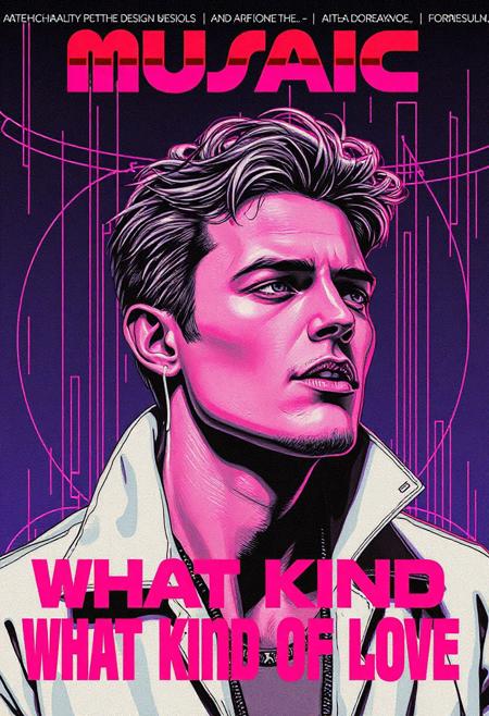 high quality design aesthetics, male vocals, electro-funk, synth-pop, disco, retrofuturistic, modern, detailed, pop album cover, white man, artist name "Musaic", album title "What Kind Of Love"