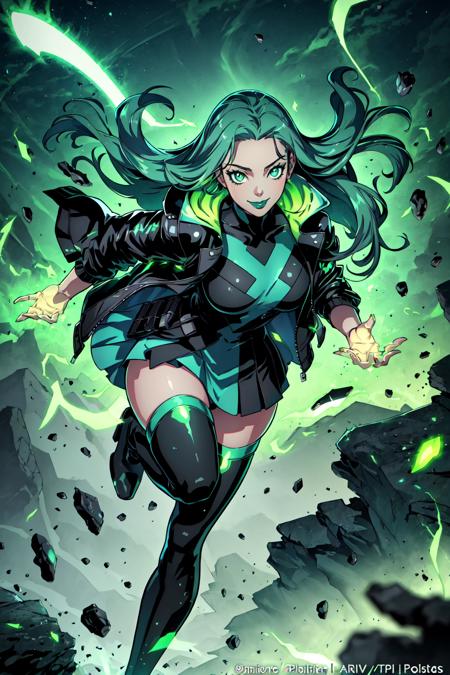 Lorna Dane,  Polaris,  1girl,  solo,  long hair,  looking at viewer,  smile,  large breasts,  thighhighs,  dress,  jacket,  artist name,  black thighhighs,  signature,  zettai ryouiki,  makeup,  floating hair,  glowing,  thigh boots,  watermark,  lipstick,  glowing eyes,  clenched hands,  aura,  green theme,  black lips, specular highlights,  extremely detailed,  best art,  official art,  masterpeice, <lora:EMS-51654-EMS:0.800000>