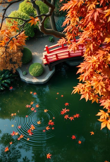 Pond in a Japanese garden, top-down view of a pound, maple tree, maple leaves, floating leaves, water ripple effect, Red wooden bridge, 
beautiful view, depth of field, masterpiece, best quality, 8k, ultra-detailed, very aesthetic, superb composition, finest details, intricate details, absurdres, high contrast, ray tracing, Volumetric lighting