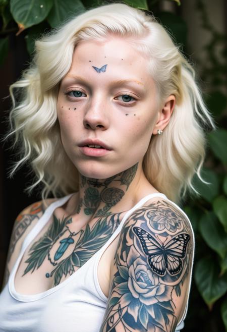 RAW analogue photo of a 20 years old beautiful pale skin ((Platinum-blonde albino woman:1.5):1.5), perfect face, sexy pose, ((with 10 tattoos, Biomechanical Tattoo, Tribal Tattoo, Butterfly Tattoo, Landscape Tattoo, Music Note Tattoo, Baroque-inspired Tattoo, Lion Tattoo, Dreamcatcher Tattoo, Geisha Tattoo, Geometric Animal Tattoo:1.5)), wearing The Cutout One-Piece: Sporting a one-piece swimsuit with daring cutouts in various areas, creating a bold and revealing style. She has long blonde hair and is posing against a floral wallpaper background. The model's pose suggests confidence and sensuality., natural hair, perfect eyes, detailed eyes, detailed iris, absolute perfect tits, big tits, soft tits, natural tits, low light, hard natural light, Rembrandt style light, Hasselblad DLSR camera, 200mm Zeiss lens, f/2.8 <lora:tattooedgirlv1_PONY:0.8>  