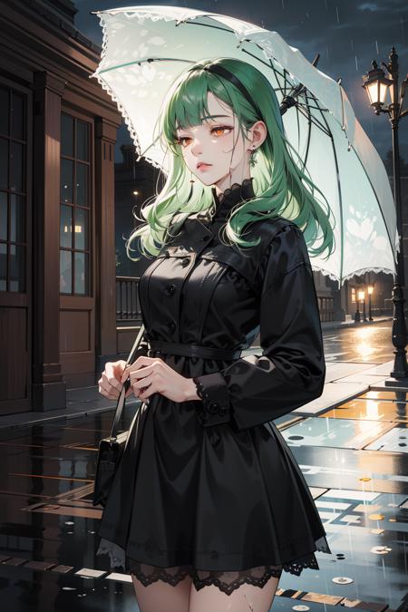 (absurdres, highres, ultra detailed), 1girl, mature female, wavy hair, long light green hair, blunt bangs, orange eyes, dress, long sleeves, finely detailed eyes and detailed face, intricate details, (sleepy expression, drowsy, tired, fatigued:1.2) BREAK , scrapbooking, memory preservation, creative layouts, mixed-media collage, personal storytelling, artistic documentation, keepsake albums BREAK , Vorticism, angular forms, dynamic movement, bold geometry, fragmented shapes, striking contrasts, modernist influence BREAK , raindrops, wet surfaces, reflections, umbrellas, puddles, moody atmosphere, soothing sound of rain, (cowboy shot:1.3)