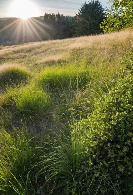 Grassy meadow in the foreground, bushes in the background, sun shining