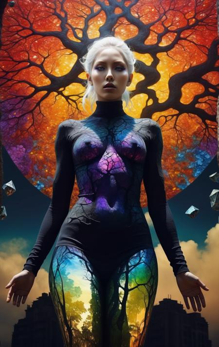 anime, Futuristic utopia, Aether, Nebula, Verdant, Canvas, Spontaneous Human Combustion, Voyage, Lovely, Grateful, (Double exposure:1.3) photo of a noble lady made of mosaic of iridescent crystal glass with sub scattering mirror surface imposing onto transparent tree hollow trunk in living brocade underbust dress made out of flowers, bokeh sky by Peter Gric, Conrad Roset, Brandon Kidwell, Andreas Lie, Dan Mountford, Dan Witz, Agnes Cecile, Jeremy Mann, fine art, super dramatic moonshine, silhouette photo illustration, amazing depth, intricate detailed fine cracked surface, stunning atmosphere, mesmerizing whimsical vibrant scenery, black humanoid made of diamonds, upper body, bare-chested, male, ((masterpiece, best quality)), ultra detail, glass skin, white electricity coming through cracks, muscular male, (dragonborn:0.6), 8k Glitch art of a Nautical Woman, at Cityscape, split diopter, Weirdcore, white hair, outdoors, detailed background, (Anime Rage pose), (Cracked Skin:1.4), anime style, realistic, photorealistic, white hair, purple eyes, (((sexy school uniform))), wearing a stylish very sexy uniform, with a funny expression on her face, incoming death, hell, black bloody veins growing and intertwining out of the darkness, oozing thick yellow blood, veins growing and pumping blood, (female body:1.3), vascular networks growing, connecting, expanding, red veins everywhere, zdzislaw beksinski, (sharp colors:1.3), (rainbow skin:1.1), (Infrared:1.2), ultra detailed, intricate, oil on canvas, ((dry brush, ultra sharp)), (surrealism:1.4), (disturbing:1.5), beksinski style painting, satanic symbols, (full torso), full body in frame, centered body, (male:1.2), realistic, ((intricate details)), (pale gothic evil king), dynamic pose, perfect face, (realistic eyes), perfect eyes, ((dark gothic background)), sharp focus, complex masterwork by head of prompt engineering