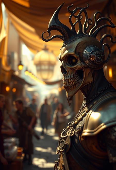 A sun-drenched market town depicted in a warm golden glow with a blurred bokeh effect. The focus is on sharp, detailed subjects.  Quirky NPCs are featured, blending medieval and cyber-fantasy technologies.  A gothic surreal portrait style merges classical realism and grotesque horror, creating a haunting fantasy.