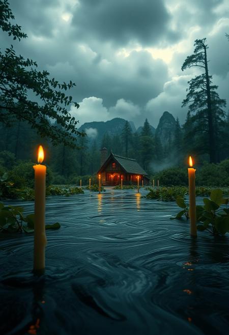 vast lush swampy landscape, cozy candle lit tavern inn in the distance, The subject nimbus clouds portal gateway opening in the forground over a book if magic and waxy dripping candles, a lush swampy swamp,  macro of oil and water not mixing is a swirling mass of floating ink that appears as an  at an aperture of f/1.4. The image is artistic and surreal, blending realism with abstraction, capturing movement and energy through its dynamic motion and flowing forms. Abstract shapes, hyperrealistic nature photography of a lush submerged swamp forest medium format kodak gold, eldritch magic, wideangle shot of a forest grove, mountains in the background