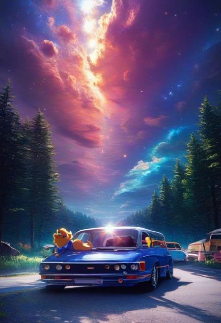 galaxystyle,  car made out of countless galaxy, hyper detail, masterpiece, score_10, randshadscree, anime drawing style, anime movie, driving at high speed,countless galaxy,yellow,  sports car made out of galaxy, bright blue and yellow energized sport car, score_9, score_8_up, score_7_up, score_6_up, shiny, driving, shiny, cloudy forest, Made of fluffy clouds, clutter, trash,