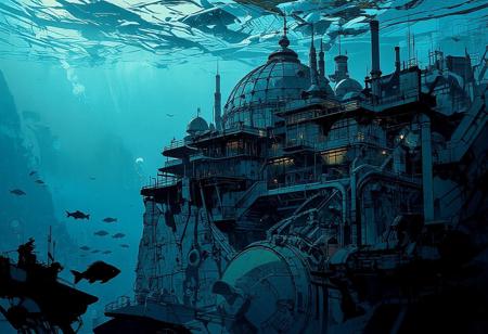 We are underwater, with exceptional visibility. From a great height, we observe a massive cliff plunging into the abyss. A vast underwater research station, almost a futuristic city and a mining extraction facility at the same time, stands at the edge of the abyss.
The station’s architecture is sleek and harmonious, made of glass and steel. A grand building with a colossal glass dome towers over numerous other structures, many of which also have small domes or cupolas. Multiple platforms house residential and research facilities, with scattered lights illuminating the underwater station and antennas spread throughout.
Numerous air bubbles rise from the station, drifting towards the surface. In the foreground, additional research domes, pipelines, conduits, and enormous underwater mining machines add to the station’s industrial activity. The water is crystal clear, allowing for an extensive view of various fish swimming in the distance.