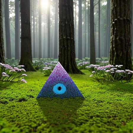 A hyper-realistic painting featuring a three-dimensional blue triangle with human eyes and a mouth, clearly expressing an emotion such as sadness or joy. The triangle should have realistic textures and lighting, making it appear as part of the physical world. It is set in a lush, vibrant forest at dawn, with sunlight filtering through dense foliage, illuminating the moss-covered ground and small wildflowers. Birds and woodland creatures add life to the serene setting. The triangle should blend seamlessly into the environment despite its surreal form, creating a striking contrast between the natural beauty of the forest and the lifelike, anthropomorphic triangle