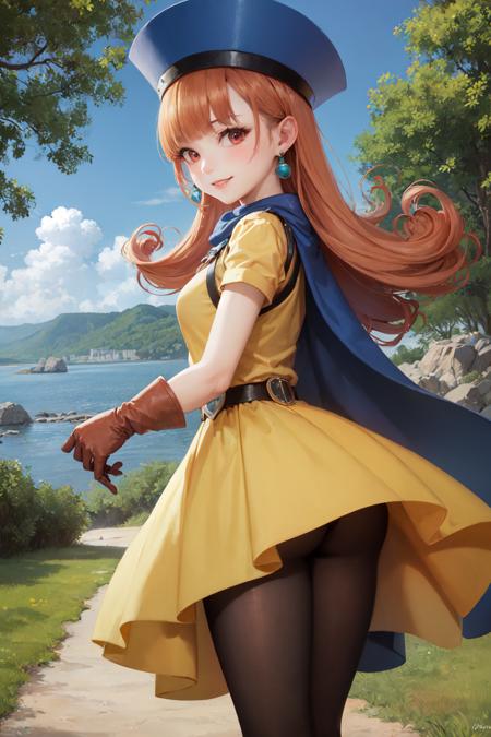 (masterpiece, best quality:1.2), <lora:dq4_alena-10:0.9>, from behind, solo, 1girl, alena \(dq4\), smile, closed mouth, looking back, hat, dress, cape, pantyhose, gloves, jewelry, earrings