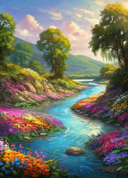 concept art, river, flowers, extremely detailed, colorful