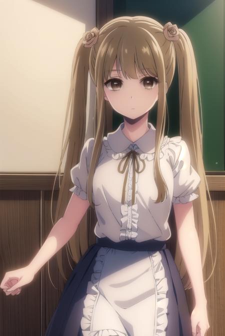 norikokamomebata, <lora:noriko kamomebata s1-lora-nochekaiser:1>,
noriko kamomebata, long hair, blonde hair, brown hair, hair ornament, twintails, (brown eyes:1.5), flower, hair flower,
BREAK skirt, shirt, ribbon, short sleeves, frills, shoes, socks, puffy sleeves, black skirt, neck ribbon, white socks, mary janes, frilled socks,
BREAK indoors, classroom,
BREAK looking at viewer, (cowboy shot:1.5),
BREAK <lyco:GoodHands-beta2:1>, (masterpiece:1.2), best quality, high resolution, unity 8k wallpaper, (illustration:0.8), (beautiful detailed eyes:1.6), extremely detailed face, perfect lighting, extremely detailed CG, (perfect hands, perfect anatomy),