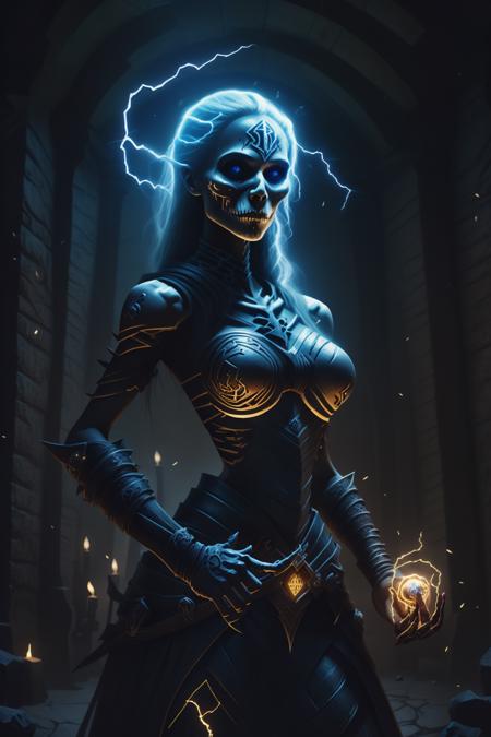 fantchar, a powerful skeletal mage woman with lightning crackling around her standing in a dungeon crypt, beautiful, runes, symbols, glowing, realistic, highly detailed, intricate