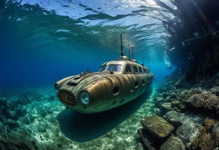 Hyperrealistic art, Cinque Terre underwater in the future, wide shot, fisheye lens, 50s Italian cars converted into submarines, cyberpunk