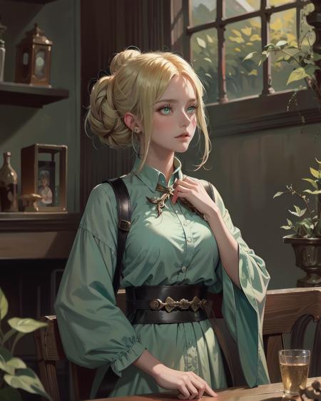 best quality, masterpiece, 1 girl, adult (elven:0.7) woman, green eyes, blonde bun hair, ombre, focus on character, solo, (style-rustmagic:0.8), solo, half shot, looking away, detailed face, <lora:DecorationBundlev2:0.5>,scifi warrior, 40%(glowing eyes:1.1), (self-loathing,:1.05), gazing into the distance, ensemble, belt, manipulating , flickering arrangements, self-repairing interfaces embedded in the skin, indoors, chair, abandoned mansion interior in background