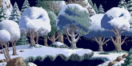 Snow, Ice, cold, trees, rocks,, <lora:Lemmings SNES:0.9>, SNES_Lemmings, environment, 2D, dark blue background,