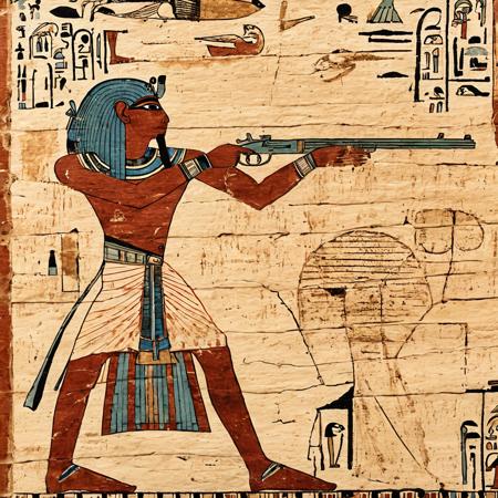 <lora:Ancient_Egypt_Painting_Style:1> ancientegypt, old egyptian drawing of a man shooting a gun, on papyrus paper with cracks and creases, ancient, 2d, perfect composition, masterpiece