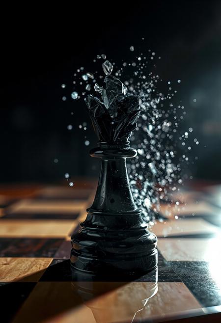 A hand-carved black knight chess piece, set on a polished wooden chessboard under dramatic studio lighting. In a ral-dissolve effect, the top of the knight begins to fragment into jagged shards of black marble and faintly glowing white particles, which scatter into the HDR-lit air. The reflections on the chessboard add realism to the scene, with light bouncing off the glossy surface of the dissolving piece.
 <lora:ral-dissolve-flux_000005000:1>