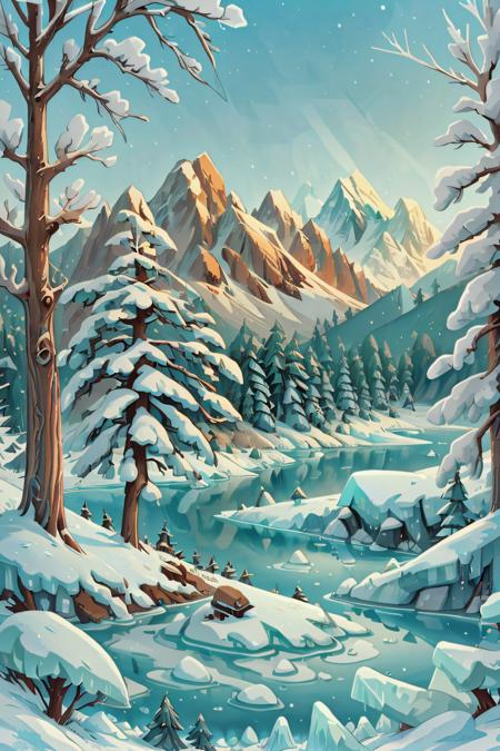 A stunning winter mountain scenic landscape with a frozen lake, pine trees, ice