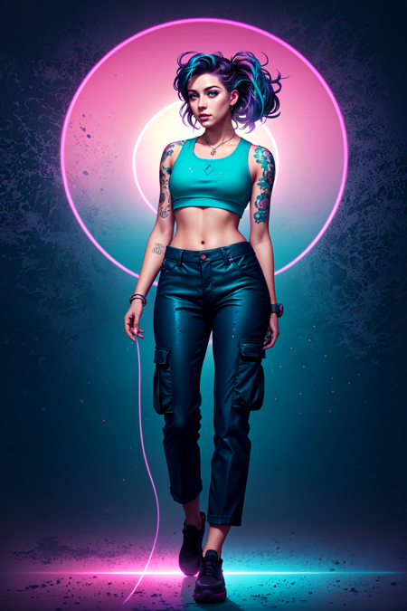 synthwave punk style, vaporwave style, synthwave, vaporwave colors, nvinkpunk, (masterpiece, best illustration, extreme light and shadow), swpunk style, photorealistic painting , ((full body)), swpunk, (masterpiece, best illustration, extreme light and shadow), 1girl, wild hair colors, winning half body portrait of a woman in a croptop and cargo pants with ombre navy blue teal hairstyle with head in motion and hair flying, tattoos, (best sunlight:.8), (lens flare:.9), wind swept hair, (conservative clothing:.3), (sidelighting), (volumetric lighting), paint splatters, outrun, vaporwave, shaded flat illustration, digital art, trending on artstation, highly detailed, fine detail, (dynamic angle), depth of field, tattoos, (sidelighting), vapodusk1, (volumetric lighting), paint splatters, intense, sharp focus, art by artgerm and rutkowski and alphonse mucha, cgsociety, outrun