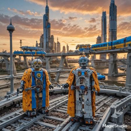2 LEGO robots  in a LEGO monorail station . they are in LEGO robes that are worn. the are looking out over the LEGO city. LEGO Monorail track. 
hive LEGO city made out of LEGO gears is in the background and is made up LEGO tall buildings and LEGO towers. The sky is sunset and there are  clouds in the distance a river run through it flooding the city. extremely detailed, moody
 <lora:Hive-City:1>