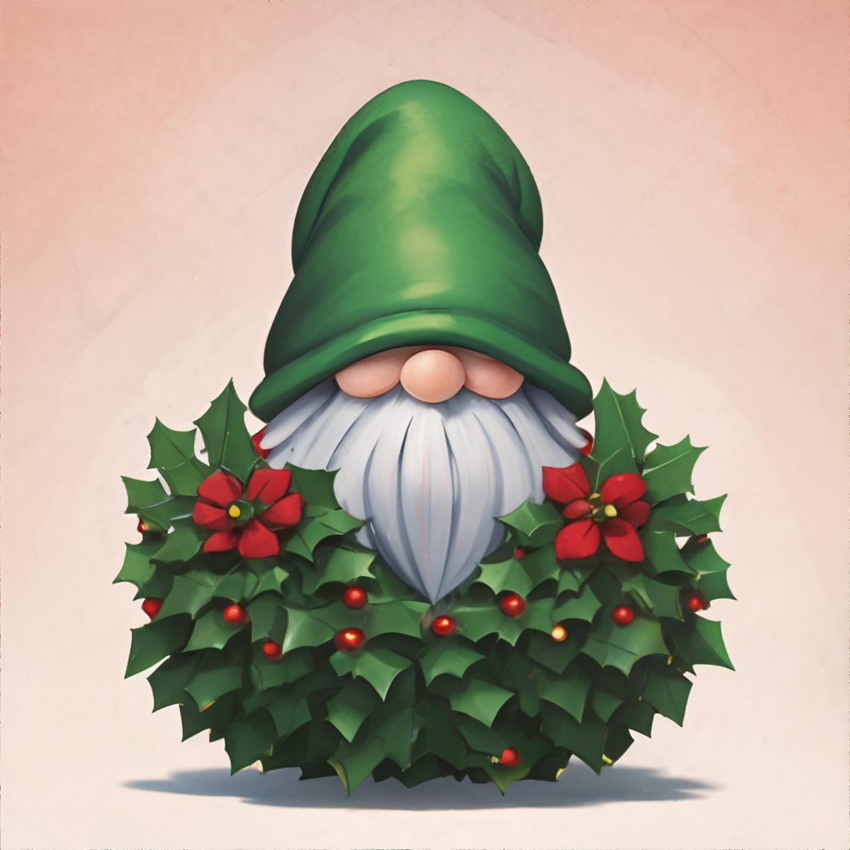A Christmas card with a green elf wearing a green hat and green beard.