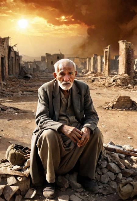 Profoundly detailed illustration, heart-wrenching composition!! An old man with a face telling a thousand stories, sitting amidst the remnants of a war-torn landscape. His eyes, brimming with tears, reflect the profound sadness and the weight of memories he carries. The background, a hauntingly beautiful yet devastated battlefield, tells the tale of conflict and loss. The setting sun casts a somber light over the shattered ruins, highlighting the scars of war with a dramatic interplay of shadows and fading light. The double exposure technique adds depth to the image, blending the stark reality of the war-torn background with the intense emotions etched on the old man's face. Every wrinkle, every tear, and every piece of debris in the background is rendered with ultra-detailed precision, creating a poignant atmosphere that is almost tangible. The scene transcends mere visual representation, capturing the essence of sorrow and the lasting impact of war in a way that is both abstract and deeply real. The colors are muted yet powerful, contributing to the overall sense of melancholy and reflection, making it not just an image, but a masterpiece that speaks volumes of unspoken narratives.