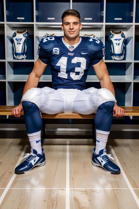 in an American football locker room, (sitting on a wooden bench), legs spread open, MalikDelgaty, American football player wearing American football uniform, American football shoulder pads, (blue jersey:1.5), ((white football pants and pads)), (blue socks), (sneakers), slight smile, masterpiece, (((full body portrait))), full body shot  <lora:MalikDelgaty-000009:0.75>