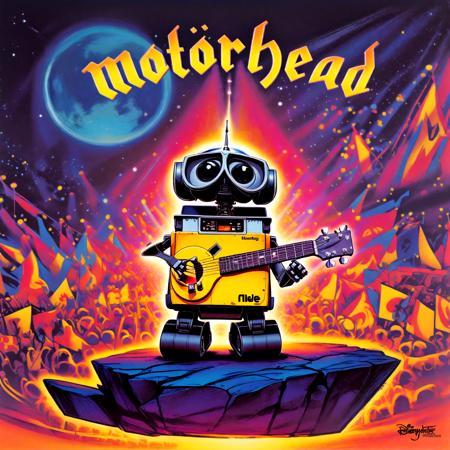 Disney animation style (WALL-E:1.1) as lemmy from motörhead, playing guitar on a rock concert, motörhead_cover, record cover, ,,. Bright colors, fluid motion, charming characters, wholesome storytelling, hand-drawn animation