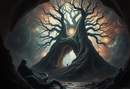 A universe inside a universe within mysteriously unknowable known in an unfathomable realm of fantastic creation inhabited by ancient shadows of a forgotten time beyond the gate of the gateless gate where life is limitless, light is shadow and shadow is light, eerie sense, horror, spark of the beginning, existence and nonexistence at once, ethereal, behold the end of the beginning, inglorious glory to the dark one, betrayal of the ancient order, beware the 7headed beast, destroyer of the old ways, bearer of the unbearable, nightmarish, archaic runes, tree aging backwards, breath of the gods, ruins of a place unimagined, extreme intricate detail, photorealistic, beyond epic scene, fate discarded, unseeable face of god, the end is the beginning, the beginning is the end, man arises as god dies, as above so below, as below so above, emerald tablet, thoth, guardian and saboteur of existence, hopeless hope, ghosts of the unborn, conception of the inconceivable, cosmic well of imperceptible perception, evil aura, infinite emptiness, pillars of void, overwhelming subtlety, abstract sacred geometry, beams of readiness without intention, gift of doom, despair of the ages, hidden secret warnings from dead gods, carved by the conductor of unholy loneliness of time incarnate, consumed by the night itself, beautiful tragedy of hellish discovery, unraveling mist of unreal reality, philosophers stone, proclaim the nameless name of collapsed eternity, infernal maleficium of glorious light
