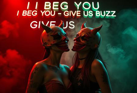 A hyper-realistic, 3-dimensional full-figure photograph of a woman wearing a highrise mask with an exaggerated, wide, ecstatic smile and small, devilish horns curving from the sides. The mask, devoid of a nose or eyes, radiates unsettling joy, contrasting with the tattooed stars decorating her face. She stands confidently, striking a dynamic pose while sweetly kissing another woman beside her, who also wears a highrise mask with a similar ecstatic expression. The second figure’s mask mirrors the first, enhancing the surreal quality of the scene. Shot with Panavision aspherical lenses at 40mm, the scene is illuminated by cinematic studio lights, emphasizing the contours of their bodies. A soft red, low diffuse light glows from behind, enhancing the three-dimensional effect, while light greenish fog and white smoke swirl around them in layered wisps against a pitch-black background. Above the figures, bold glowing neon letters proclaim ‘I BEG YOU - GIVE US BUZZ,’ floating in space and injecting a rebellious energy into the surreal, immersive atmosphere.”