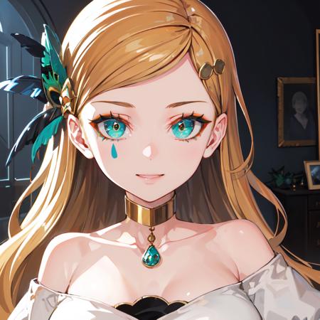 (masterpiece, best quality, high quality, highres:1.4), extremely detailed, detailed skin, textured skin, ambient soft lighting, 4K, indoors, 
1girl, solo,
smile, happy, portrait, close-up, face, 
Pavane, long hair, looking at viewer, blonde hair, large breasts, hair ornament, long sleeves, bare shoulders, very long hair, choker, off shoulder, white dress, aqua eyes, makeup, facial mark, off-shoulder dress, hair behind ear,  
<lora:pavane-05:0.8>