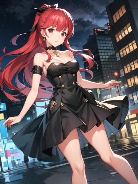 masterpiece, best quality, highres, extremely detailed CG unity 8k wallpaper,
illustration of dskasumi, long hair, ponytail, hair ribbon, black frilled dress, choker, bare legs, city street, night sky, detailed background,
<lora:dskasumi_e2:0.75>