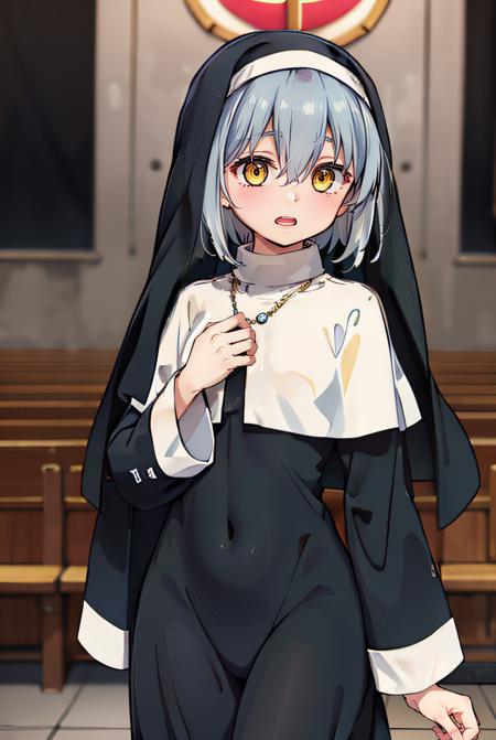 (8k uhd, masterpiece, best quality, high quality, absurdres, ultra-detailed), 1girl, <lora:Ghost_Sister-10:0.7>, gsister, 1girl, nun, habit, jewelry, dress, black dress, taut dress, own hands together, own hands clasped, hair between eyes, jewelry, indoor, church, small breasts, covered navel, yellow eyes, open mouth, silver hair, five fingers, (centered picture:1.2, frontal view), [detailed fingers:1.1, detailed hands:1.1], standing