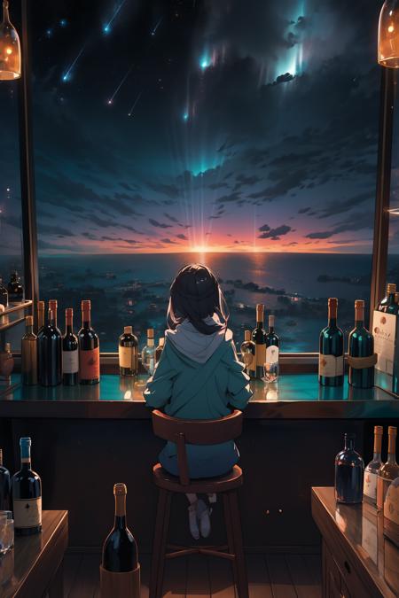 masterpiece, best quality, 1girl, bottle, fantasy, sky, bar, night sky, (ocean:1.3), meteor shower, looking out of the window, drinking, from behind, wine, wind lift,  many of bottles <lora:sky_bar-000008:0.8>