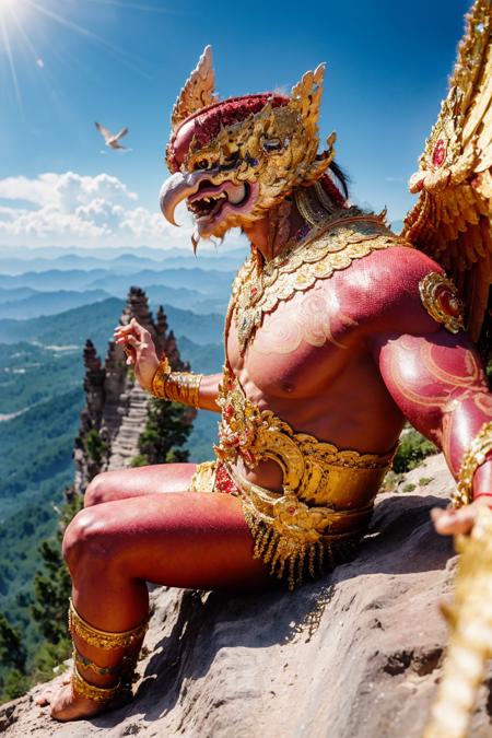 (best quality:1.4), (ultra highres:1.2), (photorealistic:1.4), (8k, RAW photo:1.2), very high detail, portrait shot, (himmapan style:1.7),(garuda:1.3), (giant man flying:1.2), ( red man body with bird head:1.2), (wings:1.2), (on the mountain top:1.5) <lora:HimmapanV1:0.8>