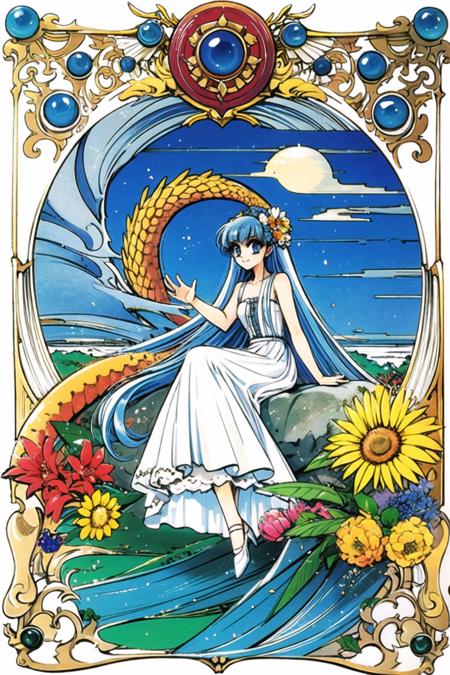 clamp,Magic Knight Rayearth,1girl, long hair, dress, blue eyes, dragon, 1990s (style), flower,  retro artstyle, smile,  hair ornament, white dress, hair flower, solo, sitting, blue hair, <lora:Magic knight Rayearth:0.8>