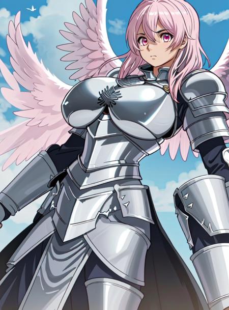 sexy, girl, (angel), (armor), (wings:1.1), pink eyes, huge boobs, (breast plate:1.5), breast armour, clouds, white hair