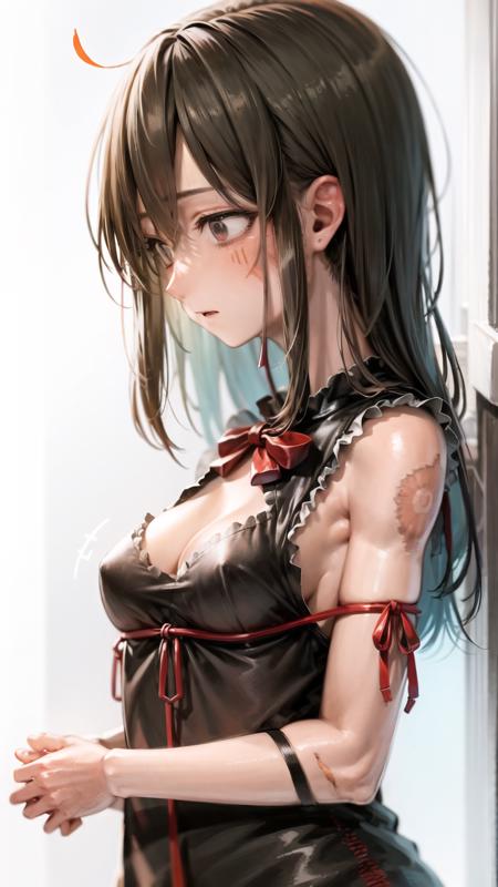 masterpiece, best quality, 1girl,  <lora:karaharaShima_v10:0.8>, karahara shima, burn scar, medium breasts,  <lora:reiNoHimo_v11:1>, rei no himo, upper body