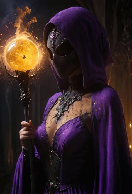 AtomicHeartTwinsCosplay in absolute darkness, profoundly no light, holding black-purple diamond shaped orb staff, 
pointed hat, translucent skin, Describe the captivating scene captured in the vintage photograph featuring a Bedouin artist skillfully swallowing a massive sword in the style of Final Fantasy, amidst a mesmerized audience. Provide details about the artist's attire, the sword's intricate design, and the expressions of the onlookers as they witness this extraordinary performance., amazing quality, masterpiece, best quality, hyper detailed, ultra detailed, UHD, perfect anatomy, portrait, dof, hyper-realism, majestic, awesome, inspiring, closeup, an weathered outworn old Fantasy cape, smooth, Closeup, by Dring, rust paint peelz, atmospheric haze, cinematic composition, soft shadows, national geographic style, yellow and purple electric sparks, crawling on four, looking at viewer