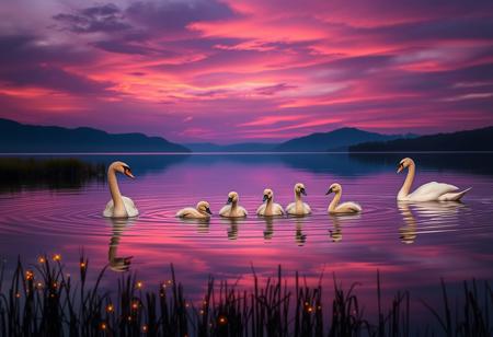 Against a twilight sky ablaze with purple and pink hues, a serene family reunion unfolds on the glassy lake surface. Four adult swans, flanked by their cygnets, glide effortlessly together, generating soft ripples. Fireflies flicker among the reed beds, while the distant mountains' silhouettes provide depth to this idyllic scene, bathed in warm, golden light.