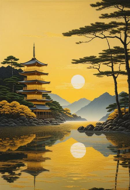 by Hasui Kawase, (golden but extremely beautiful:1.4), (intricate details, masterpiece, best quality:1.4), looking at viewer, wide angle view, <lora:add-detail-xl:1> in the style of nicola samori