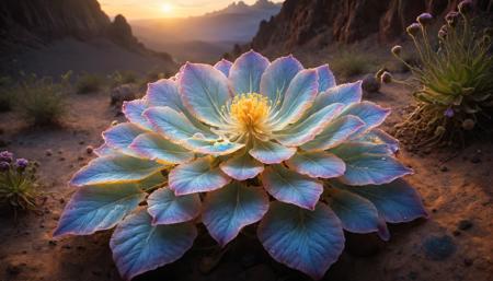 Imagine an alien flower on a remote planet, its petals shimmering with iridescent hues unseen on Earth. Each delicate petal ripples like liquid, refracting the sparse light into a mesmerizing display of colors. Amidst barren terrain, it stands as a beacon of vibrant life, emitting a faint, ethereal glow. Its fragrance, a mix of exotic spices and sweet nectar, beckons travelers to pause and marvel at its otherworldly beauty.  Low light, bioluminescent flora. <lora:RMSDXL_Creative:3> <lora:RMSDXL_Enhance:2>   <lora:ral-trichome:0.7> ral-trichom