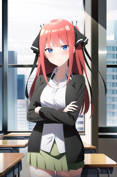 (masterpiece), high quality, (detailed background:1.3), 1girl,
<lora:NakanoNino-v2-06:0.6>, ChopioNino, long hair, red hair, shiny hair, blunt bangs, black ribbon, hair ribbon, blue eyes, (looking at viewer:1.3),
mature female, large breasts,
outfit_1, black cardigan, open cardigan, white shirt, collared shirt, sleeves past wrists, green skirt, pleated skirt, zettai ryouiki, (white thighhighs:1.2),
nail polish,
classroom, desk, school,
standing, angry, blush, shouting, arms under breasts, crossed arms,