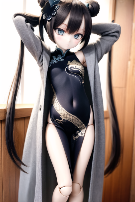 <lora:Kisaki-05:1> 
1girl, kisaki, halo, hair bun, twintails, hair ornament
china dress, sleeveless, standing, arms behind head, doll joints, looking at viewer, coat<lora:DollfieNAI-05:1>