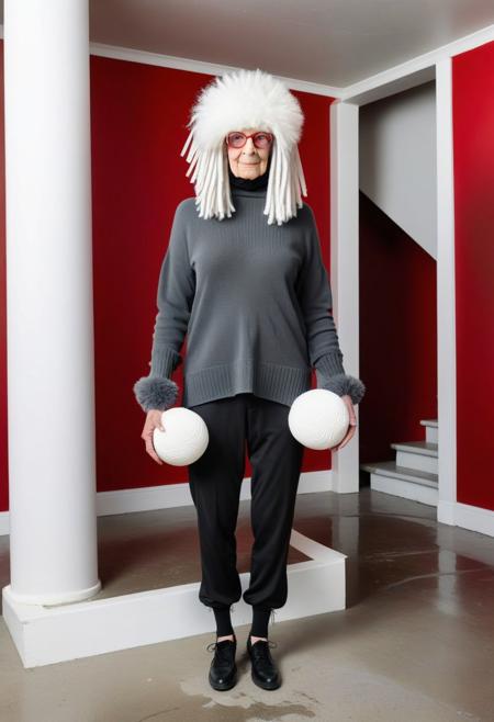 The image is a photograph featuring an elderly woman dressed in a whimsical, playful costume. She is standing against a solid red background, which contrasts vividly with her outfit. She is wearing a fluffy, white, poodle-like costume that covers her head, arms, and legs, complete with a fluffy tail. The costume is made of a thick, faux fur material, giving it a soft, fluffy texture.
The image is a photograph of a person standing in a modern, minimalist room with a wooden staircase and a grey curtain in the background. The subject is a young woman, dressed in an elaborate, futuristic, and gothic-inspired outfit. They have long, black and white hair styled in a dramatic, asymmetrical bob with extensions that resemble dreadlocks.
The image is a photograph of a person standing in a minimalist, white-walled room with a polished concrete floor. The individual is dressed in a whimsical, colorful costume made from various materials, including white foam balls, colorful plastic strips, and what appears to be cardboard. The person is wearing a brown paper bag over their head, with a slit for visibility, and a dark gray sweater, dark pants, and black shoes.