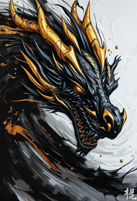 A hyper-stylistic, extremely detailed image depicts a breathtaking painting, crafted from a combination of smeared black and gold metallic paint. A dragon's head is captured in a streaked motion, as if it is moving rapidly in one direction, its fierce features a blur of dynamic energy. The black paint is applied in bold, sweeping strokes, creating a sense of power and intensity that is contrasted beautifully by the golden accents. The gold paint is used to highlight the dragon's scales, adding a sense of depth and dimensionality to the image. The dragon's eyes glow with a fierce, golden light, as if they are burning with inner fire. Every detail of the image is meticulously crafted, from the delicate, swirling patterns of the gold paint to the intricate, textured patterns of the black paint. The contrasts between light and dark, color and texture, create a sense of tension and energy that draws the viewer in, inviting them to explore the dynamic world of the dragon. highest-Quality, intricate details, visually stunning, Masterpiece