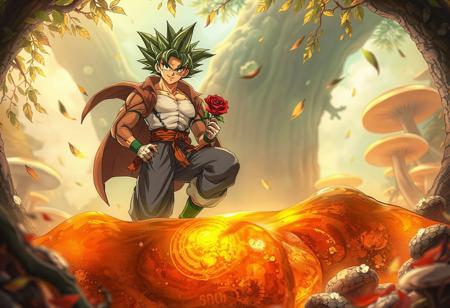 "Create a detailed, goldenn ratio-compliant artwork of two characters from Dragon Ball Super and Quake, posed coolly on an amber pitfall. The characters should be illustrated in a lifelike style with micro details, showcasing one of them holding a rose. The background should feature falling foliage and a fungal environment, with a storybook-inspired aesthetic. The lighting should be dramatic and complementary, with a focus on 8K resolution and global illumination. The artwork should tell a story and be featured on AmiAmi, ArtStation, and Behance, appealing to fans of Eamon Everall, Ilya Kuvshinov, Rossdraws, and Tom Bagshaw."