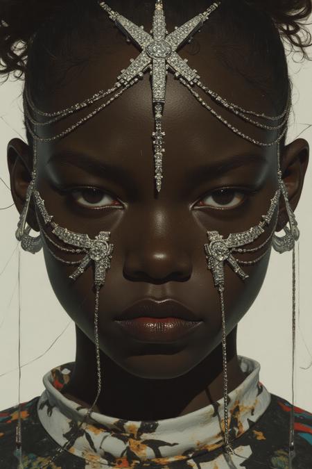 A highly stylized hyper-realistic portrait of a dark-skinned woman, her expression stoic and devoid of emotion, as she gazes directly into the viewer’s eyes. She wears a symmetrical chrome silver crown, its sparkling diamonds arranged in a flawless, geometric fashion that crowns her head with regal elegance. The crown catches the light, casting dazzling reflections that highlight the sharp angles of her face. A diamond-encrusted necklace adorns her neck, complementing the crown with its intricate design, each diamond sparkling brightly against her skin. A fine face ornament, known as the “diamond cascade,” stretches across her face in delicate silver chains, each studded with small, radiant diamonds. The chains follow the curve of her face, crossing her forehead and cheeks in a symmetrical fashion, creating a striking contrast with her dark skin. The soft light reflects off the diamonds, creating a luminous, surreal effect around her, emphasizing the ethereal beauty of the face ornament and her unyielding, emotionless gaze.